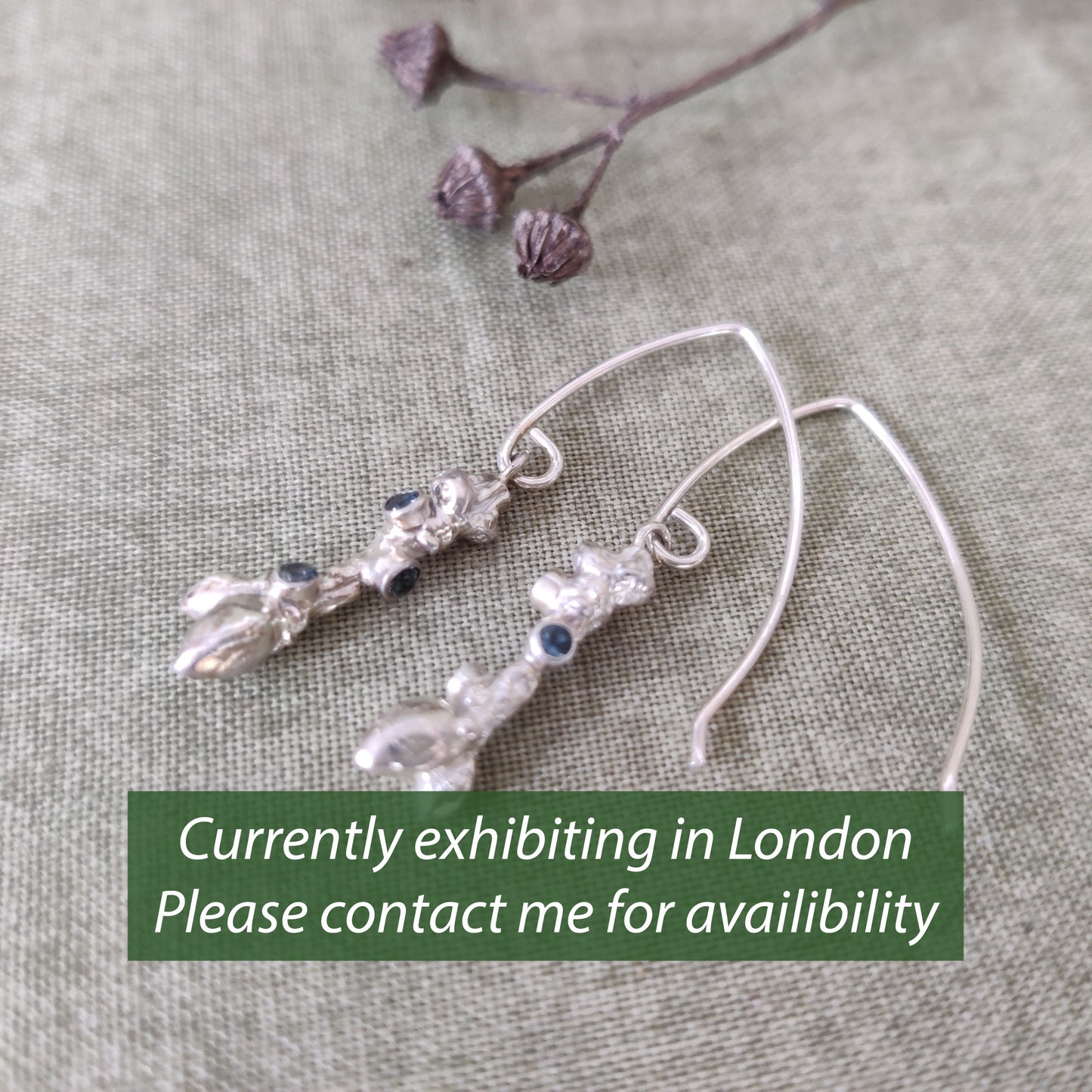 Budding Oak Twigs and Sapphire Drop Earrings in Sterling Silver